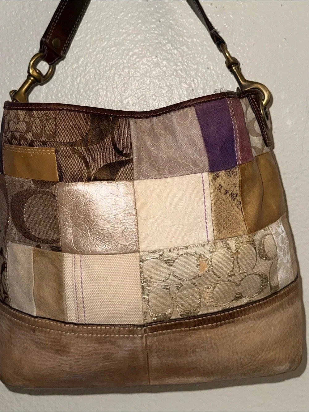 Coach Patchwork Hobo in Beige, Taupe & Purple Accents
